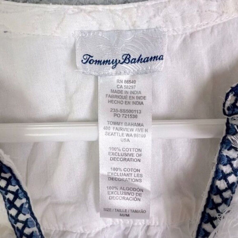 TOMMY BAHAMA WOMENS EMBROIDERED COTTON TIERED TUNIC WHITE WITH BLUE TRIM SIZE M - Picture 4 of 10